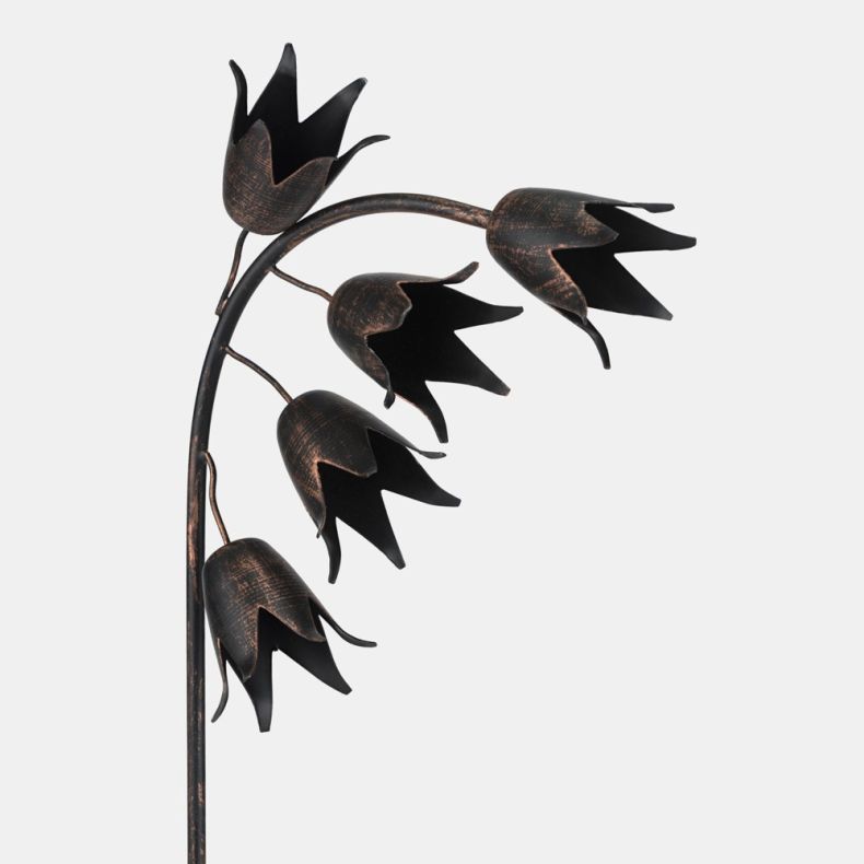 Decorative metal garden stake ornament with cascading bell-shaped flower heads and curved stem in an antique bronze finish