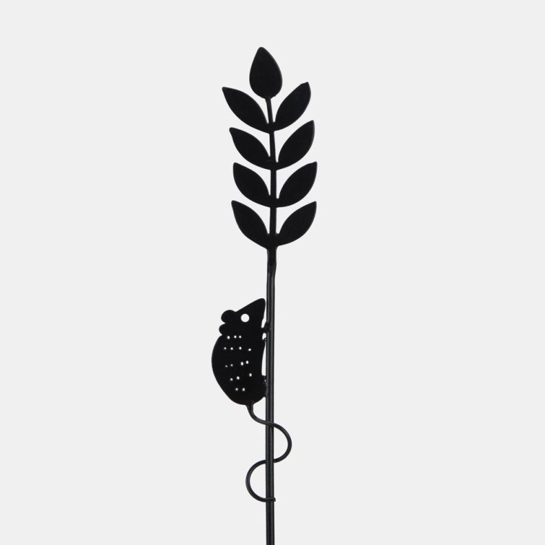 Close-up of decorative black metal garden stake featuring a climbing snail silhouette with cut-out detailing on a leafy stem design