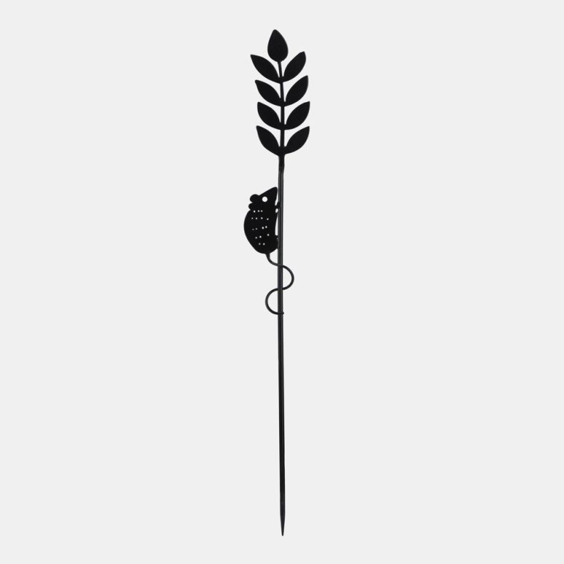 Decorative black metal garden stake featuring a climbing snail silhouette on a leafy stem with cut-out detailing and ground spike base