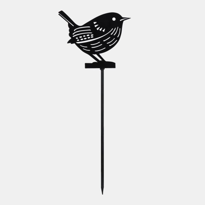 Decorative black metal garden stake featuring a perched bird silhouette with cut-out feather detailing and ground spike base