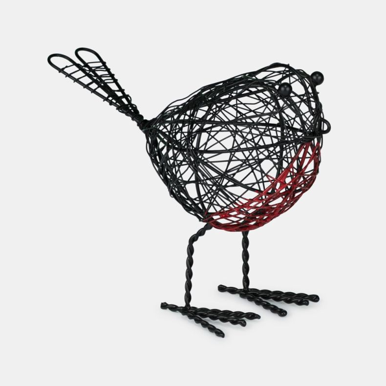 Decorative wire robin sculpture featuring a black openwork metal body with red breast detail and twisted wire legs and feet