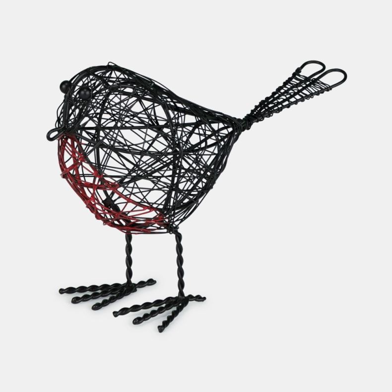 Decorative wire robin sculpture featuring a black openwork metal body with red breast detail, beaded eyes and twisted wire legs and feet viewed from the opposite side