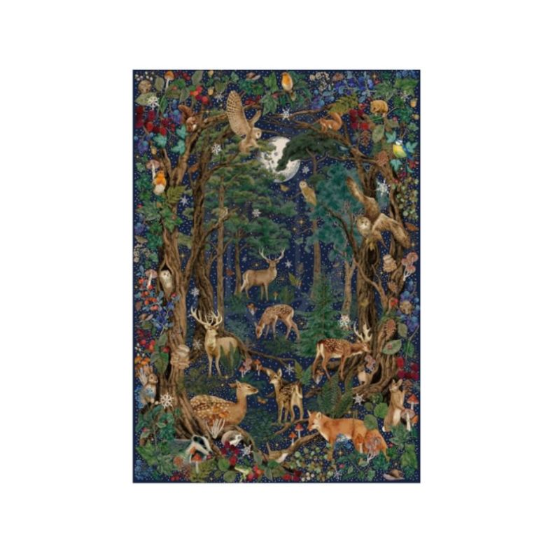 Completed Into the Forest 1000-piece jigsaw puzzle, featuring a richly detailed woodland scene filled with forest wildlife, including deer, foxes, owls, rabbits and songbirds. Surrounded by intertwining trees, foliage, flowers and woodland creatures, the 