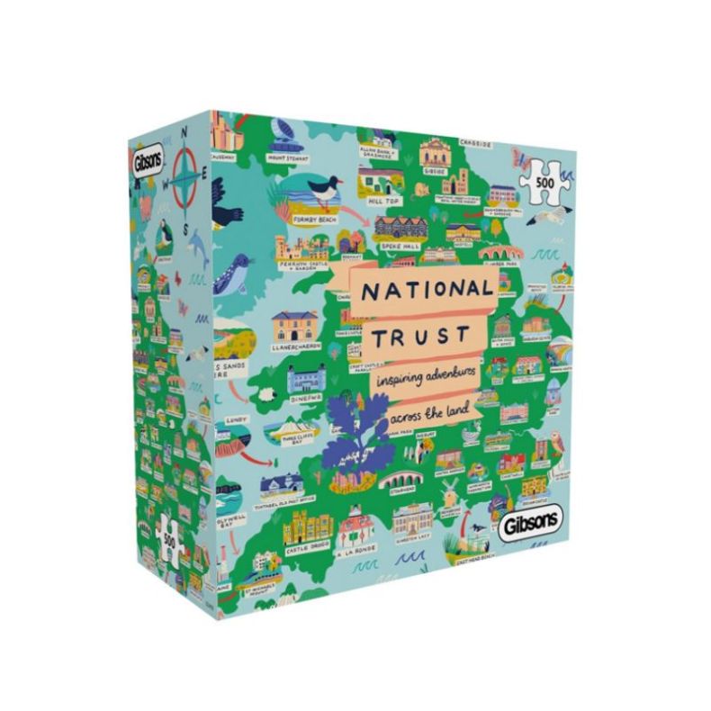 National Trust 500-piece jigsaw puzzle featuring a colourful illustrated map of the UK showcasing iconic National Trust locations, landmarks, coastlines and wildlife. Presented in a decorative Gibsons puzzle box, the detailed artwork includes heritage sit