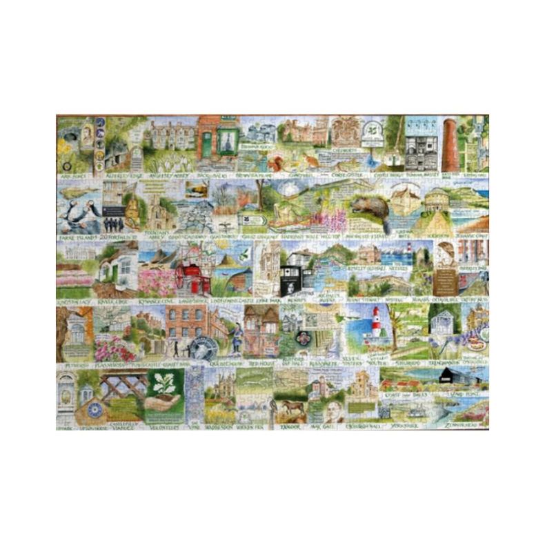 Completed National Trust Landmarks & Landscapes 1000-piece jigsaw puzzle, featuring a beautifully illustrated collage of iconic National Trust properties, coastlines, gardens and countryside locations from across the UK. The detailed artwork by Val Goldfi