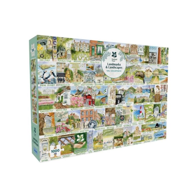 National Trust Landmarks & Landscapes 1000-piece jigsaw puzzle by Gibsons, featuring a beautifully illustrated collage of iconic National Trust houses, gardens, coastlines and countryside locations from across the UK. Presented in a decorative puzzle box,