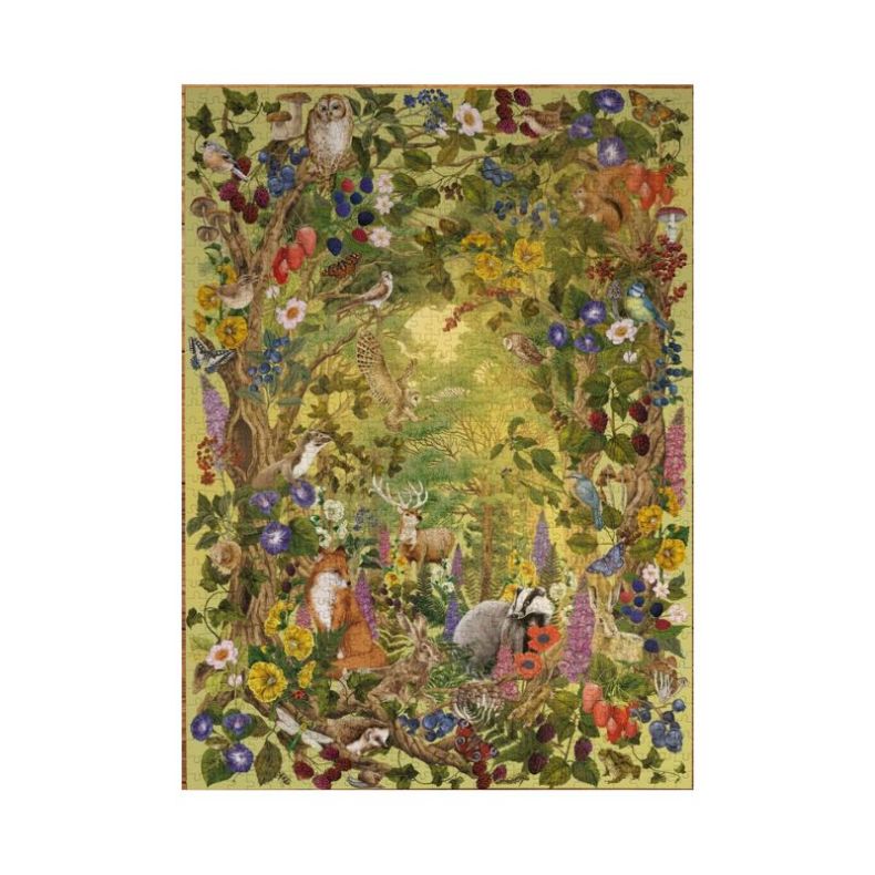 Completed Sunlight Glade 1000-piece jigsaw puzzle, featuring a beautifully illustrated woodland scene filled with wildlife, wildflowers, berries and lush foliage surrounding a sunlit forest clearing. The detailed artwork showcases deer, badgers, owls, bir