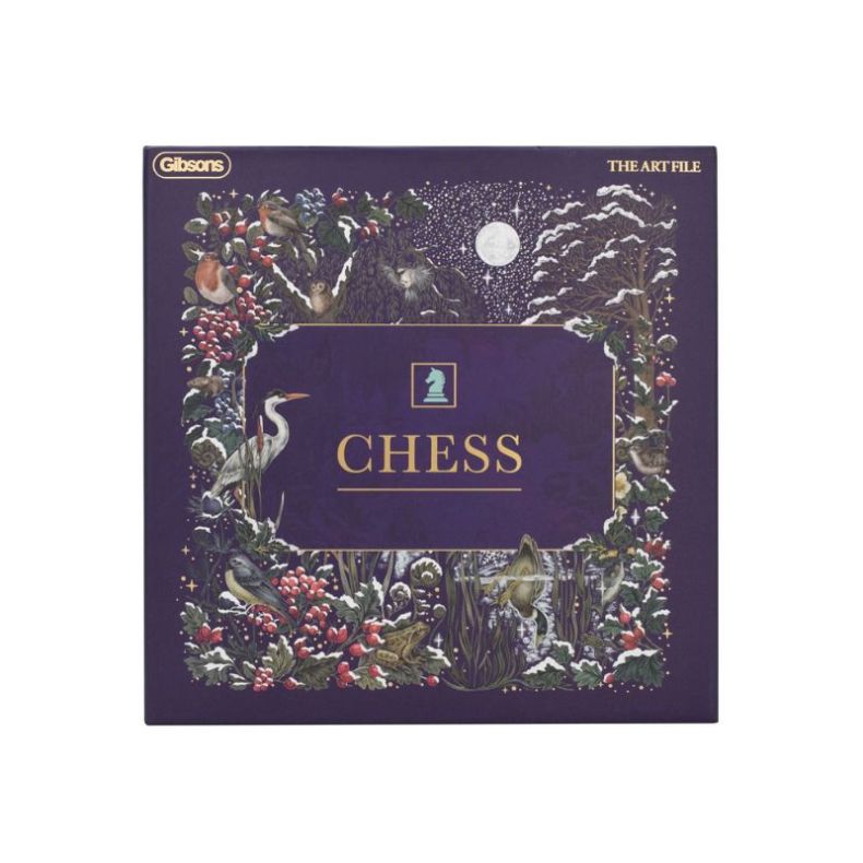 The Art File Chess set featuring a richly illustrated woodland-themed presentation box in deep purple tones. Decorative artwork showcases forest wildlife including robins, an owl, a heron and woodland foliage with berries, mushrooms and snowy branches ben
