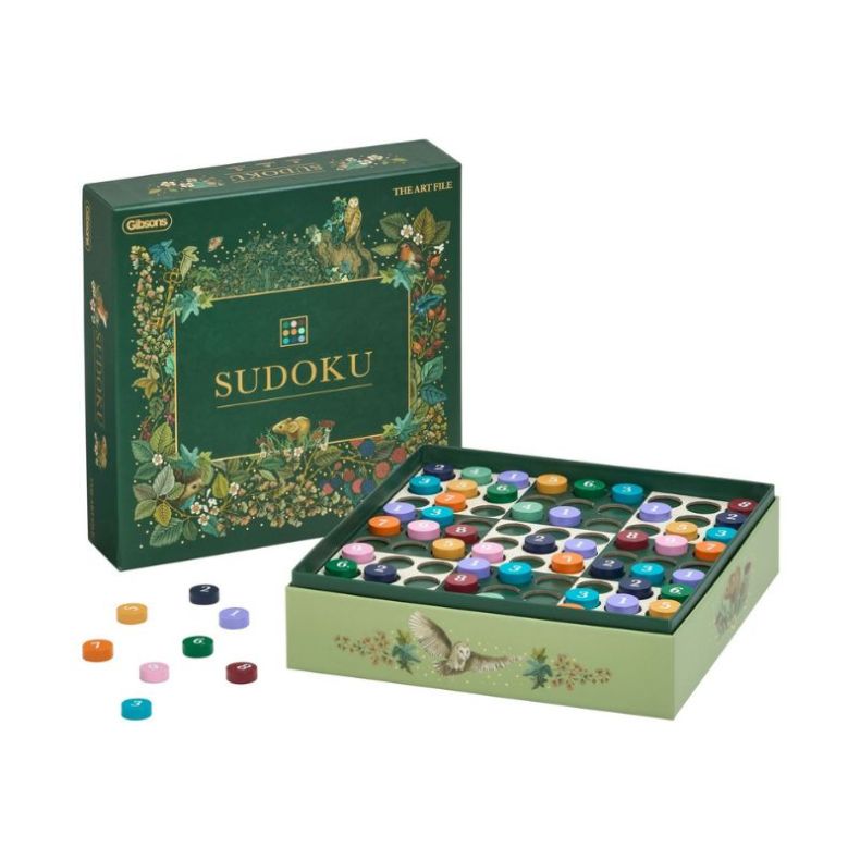 The Art File Sudoku board game featuring a beautifully illustrated woodland-themed storage box and game board. The set includes a reusable Sudoku grid with colourful numbered playing counters, allowing players to complete logic puzzles without pencil and 