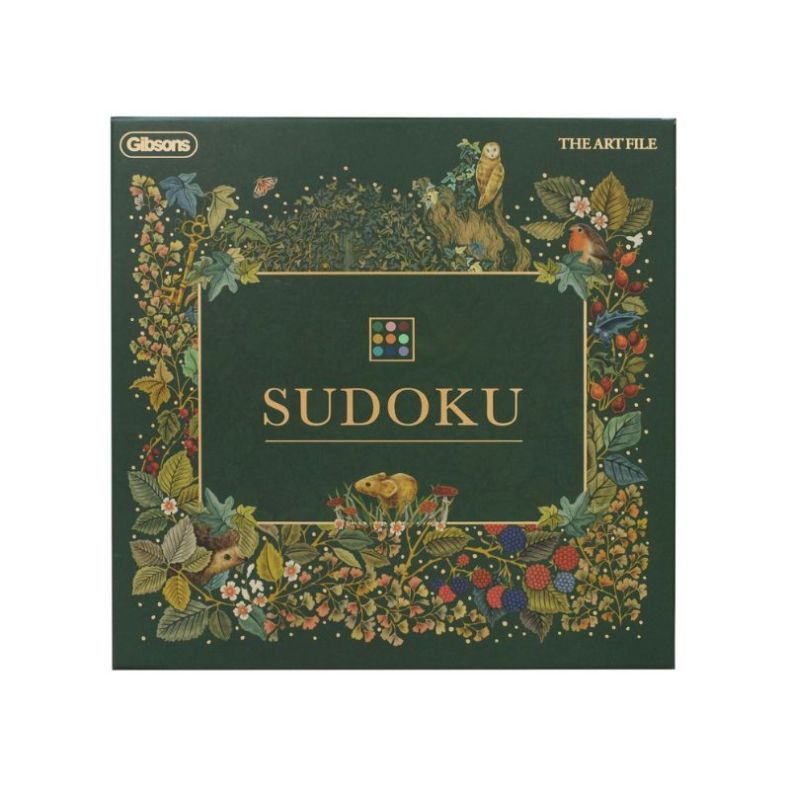 The Art File Sudoku puzzle book featuring an elegant woodland-inspired cover design. The dark green cover is framed by detailed illustrations of forest wildlife, including an owl, robin, mouse and hedgehog, alongside berries, flowers and leafy foliage. Fi