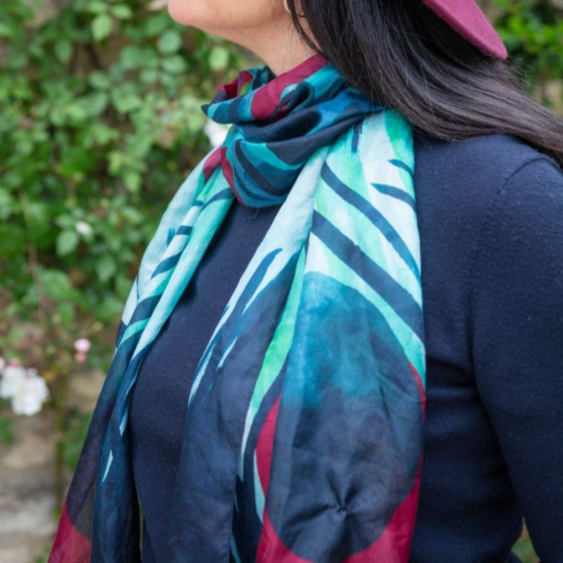 National Trust Peacock Burgundy Silk Scarf