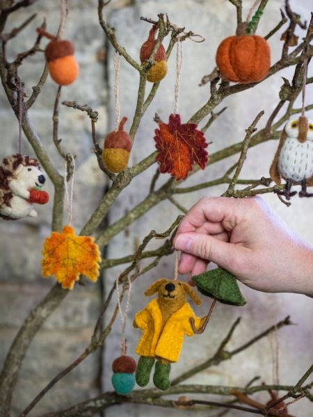 A variety of handmade felt Halloween decorations.