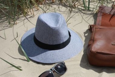 Blue mans hat, roka backpack and mens sunglasses on a sandy beach