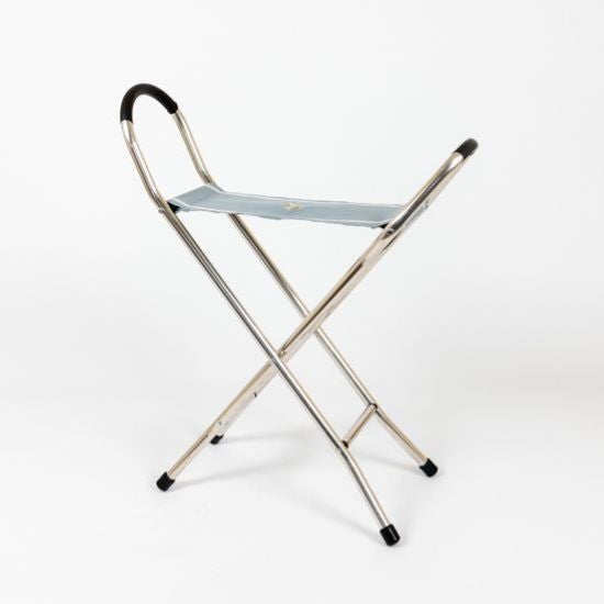 Lightweight National Trust folding walking stick seat with a silver metal frame and blue fabric seat.