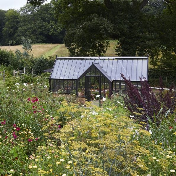 A black-framed glass greenhouse with a pitched roof sits within a lush, naturalistic garden filled with tall wildflowers and layered planting. Yellow, pink and white blooms surround the structure, which is set against open meadowland and mature trees in t
